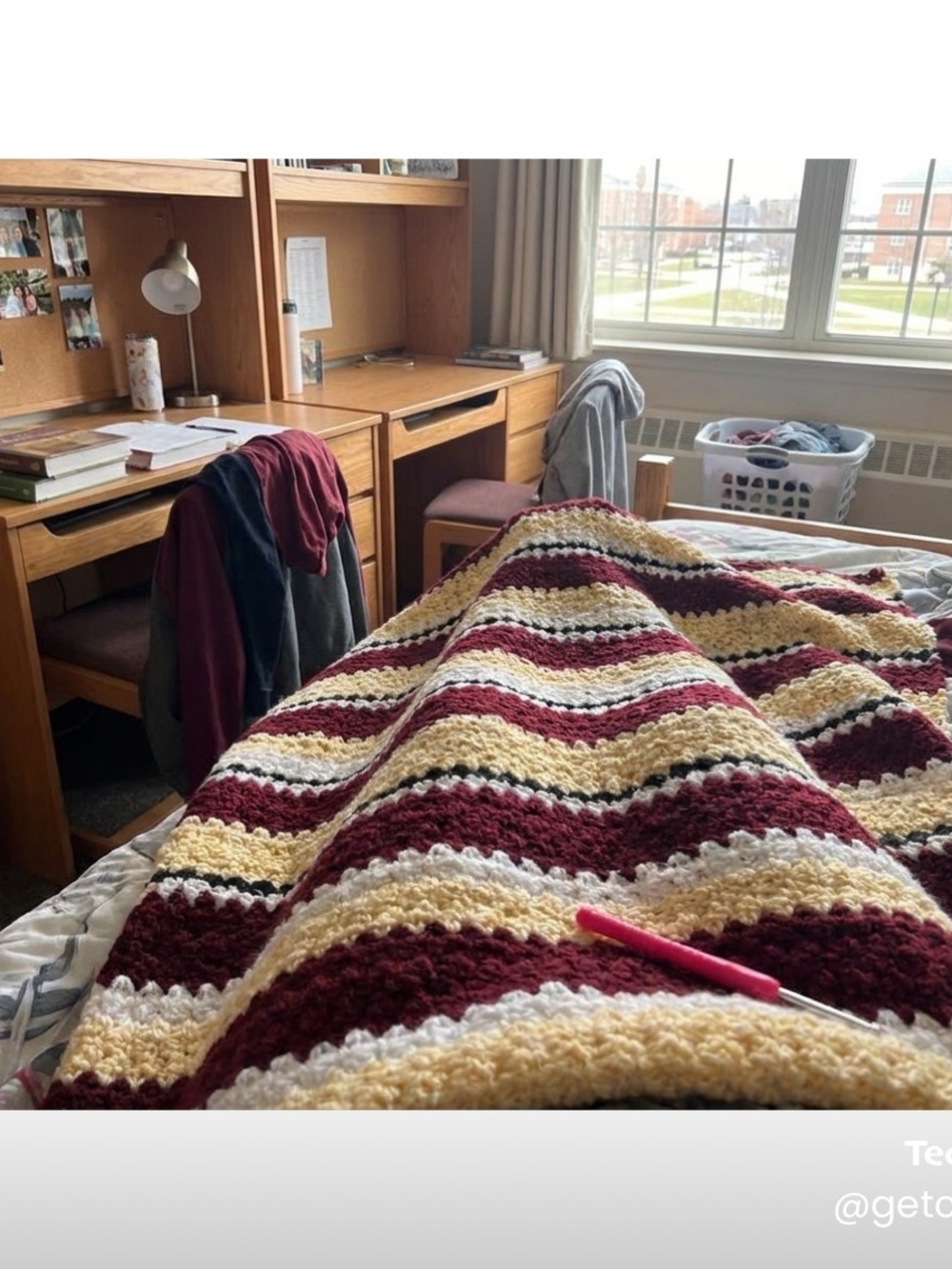 Striped Crochet Throw Blanket - Maroon, Cream & White
